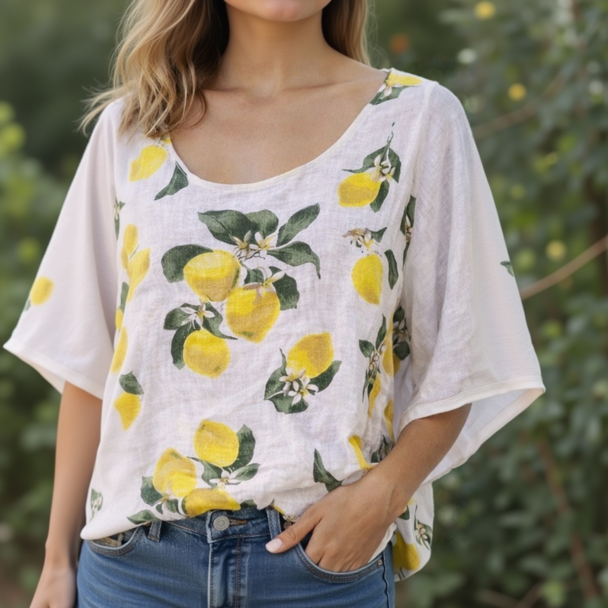 Lemon Print Linen Blouse